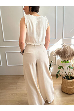 Bej Paçası Tüylü Bol Paça Pantolon