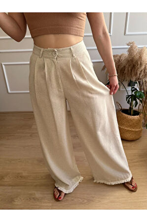 Bej Paçası Tüylü Bol Paça Pantolon