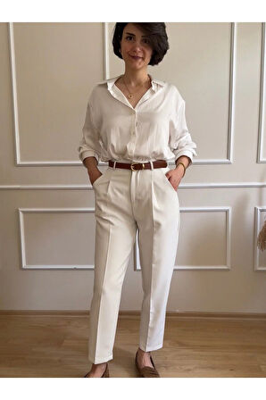 Kirli Beyaz Kemerli Pileli Tok Kumaş Havuç Pantolon