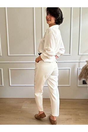 Kirli Beyaz Kemerli Pileli Tok Kumaş Havuç Pantolon