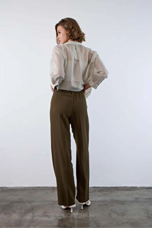 Haki Pileli Arkası Lastikli Palazzo Pantolon