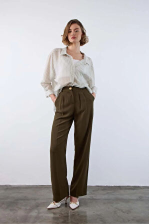 Haki Pileli Arkası Lastikli Palazzo Pantolon