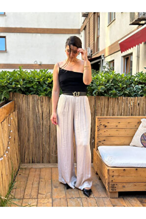 Bej Rengi Beli Lastikli Bol Paça Saten Pantolon