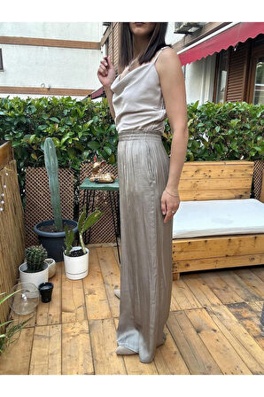 Haki Rengi Beli Lastikli Bol Paça Saten Pantolon