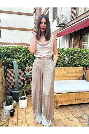 Haki Rengi Beli Lastikli Bol Paça Saten Pantolon