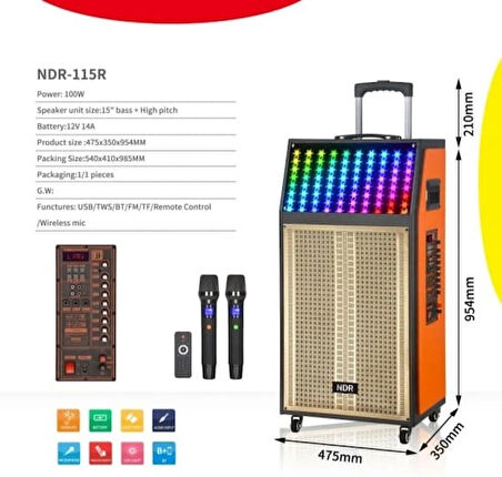 HOPARLÖR NDR-115R KABLOSUZ BÜYÜK BOY MİKROFONLU VE KUMADALI ULTRA YÜKSEK SES