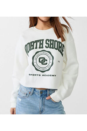 Beyaz Baskılı Crop Sweatshirt