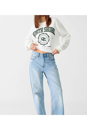 Beyaz Baskılı Crop Sweatshirt