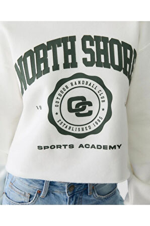 Beyaz Baskılı Crop Sweatshirt