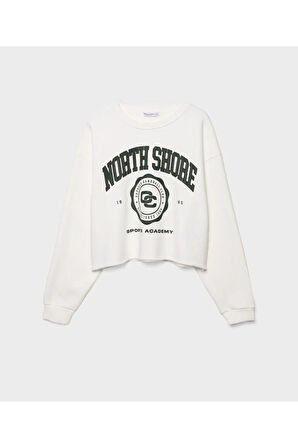Beyaz Baskılı Crop Sweatshirt