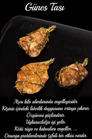 Sertifikalı Ham Işlenmemiş Tel Sargılı Güneş Taşı Kolye - Altın Kaplama