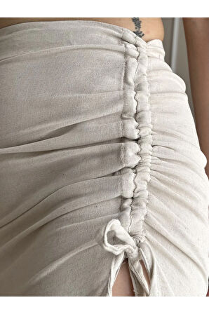 Bej Deniz Kabuklu Crop Derin Yırtmaçlı Etek Takım