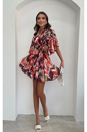 Çok Renkli Önden Bağlamalı Bluz Beli Lastikli Etek Takım