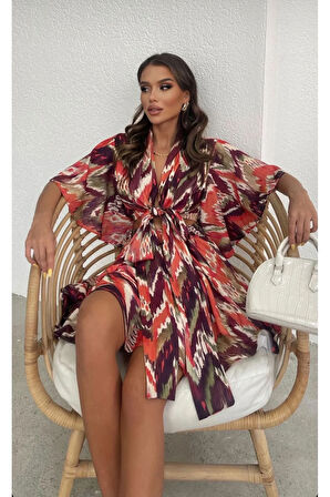 Çok Renkli Önden Bağlamalı Bluz Beli Lastikli Etek Takım