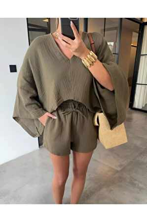 Kadın Haki Müslin Kumaş Yarasa Kol Şortlu Takım