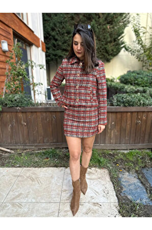 Kırmızı Ekose Desenli Tüvit Mini Etek Görünümlü Şort Etek ve Vatkalı Ceket Takım