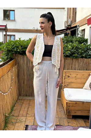 Bej Kadın Müslin Kumaş Nakışlı Yelek Bağcıklı Pantolon Takım