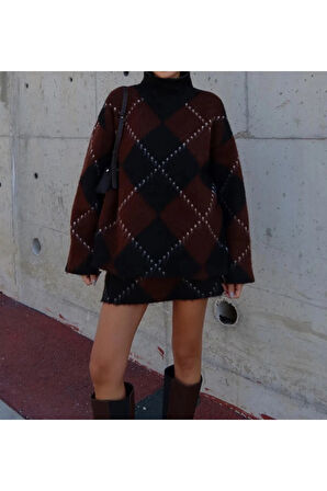 Kahverengi Siyah Baklava Desenli Etek Kazak Takım