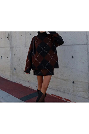 Kahverengi Siyah Baklava Desenli Etek Kazak Takım