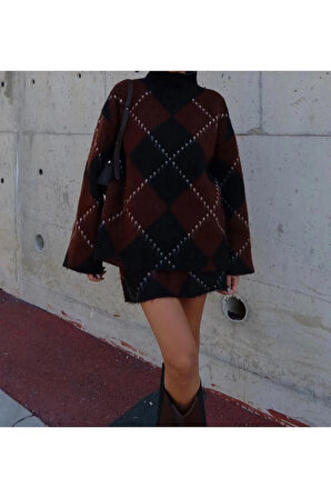 Kahverengi Siyah Baklava Desenli Etek Kazak Takım