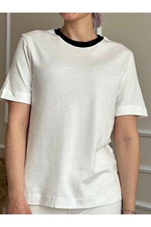 Siyah-Beyaz Kısa Kol Ters Ribanalı Bisiklet Yaka Pamuk Basic T-shirt