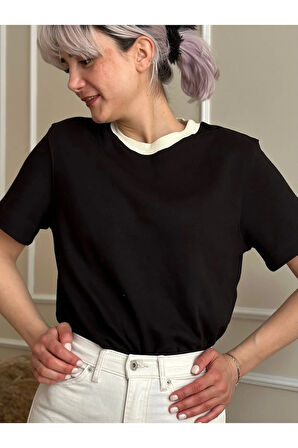Siyah-Beyaz Kısa Kol Ters Ribanalı Bisiklet Yaka Pamuk Basic T-shirt