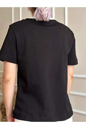 Siyah-Beyaz Kısa Kol Ters Ribanalı Bisiklet Yaka Pamuk Basic T-shirt