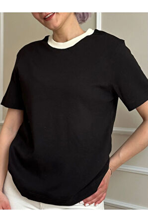 Siyah-Beyaz Kısa Kol Ters Ribanalı Bisiklet Yaka Pamuk Basic T-shirt