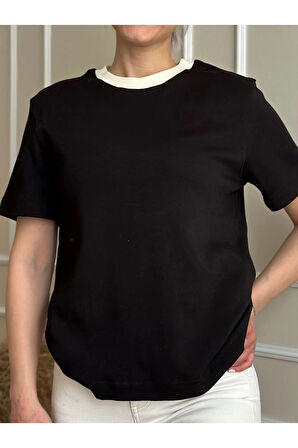 Siyah-Beyaz Kısa Kol Ters Ribanalı Bisiklet Yaka Pamuk Basic T-shirt