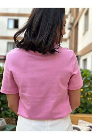 Pembe Bisiklet Yaka Basic Tok Kumaş T-Shirt