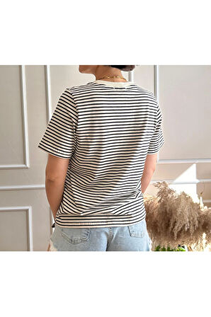 Kadın Lacivert Beyaz Çizgili Bisiklet Yaka T-Shirt