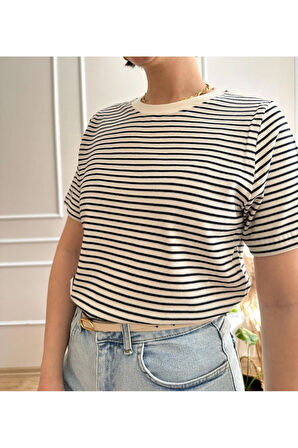 Kadın Lacivert Beyaz Çizgili Bisiklet Yaka T-Shirt