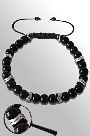 Sertifikalı Gümüş Çavuş Hematitli Siyah Obsidyen Taşı Bileklik - Ayarlamalı