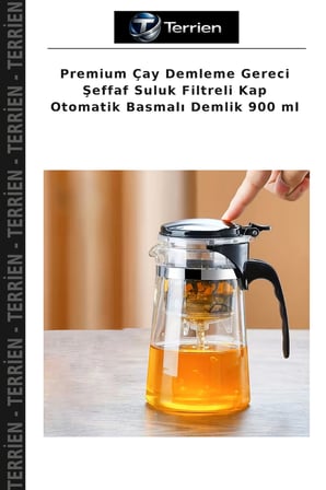 Premium Çay Demleme Gereci Şeffaf Suluk Filtreli Kap Otomatik Basmalı Demlik 900 ml