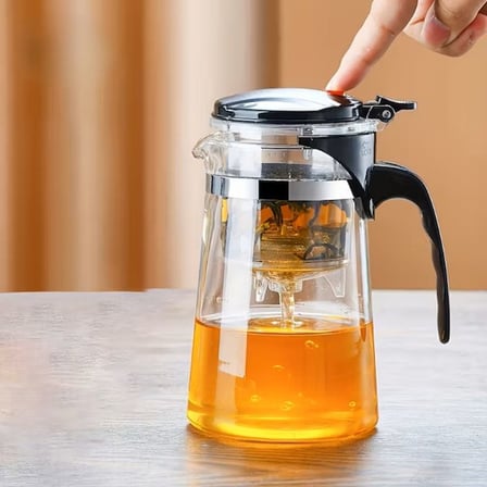 Premium Çay Demleme Gereci Şeffaf Suluk Filtreli Kap Otomatik Basmalı Demlik 900 ml