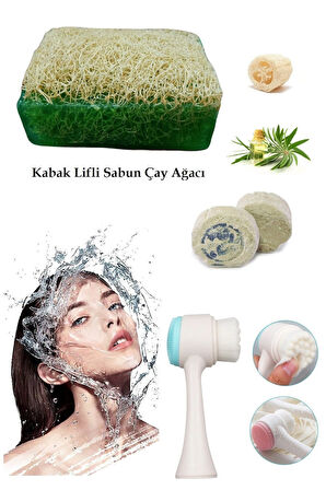 3'lü Cilt Yenileme Çift Taraflı Yüz Temizleme Fırçası Arındırıcı Peeling Kabak Lifli Çay Ağacı Sabun
