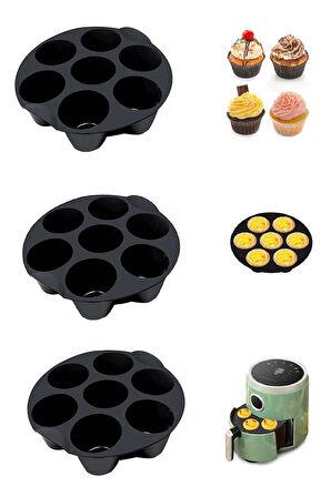 3'lü Airfryer Silikon 7 Gözlü Hava Firitözü Muffin Çörek Kek Kalıbı Yanmaz Yapışmaz