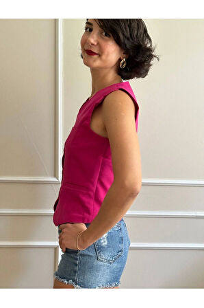 Kadın Fuşya Pembe Kısa Yelek