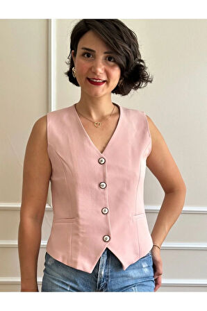 Kadın Pudra Pembesi Kısa Yelek