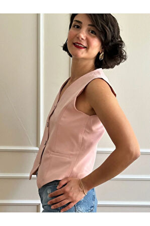 Kadın Pudra Pembesi Kısa Yelek