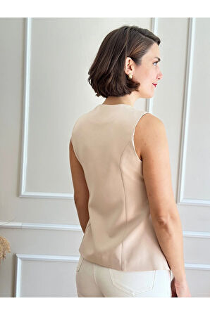 Bej Bisiklet Yaka Uzun Yelek