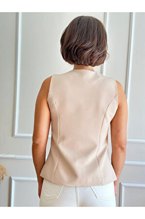 Bej Bisiklet Yaka Uzun Yelek