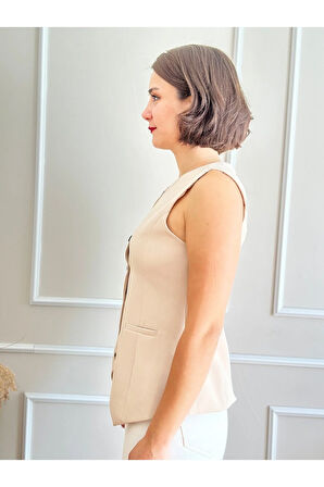 Bej Bisiklet Yaka Uzun Yelek