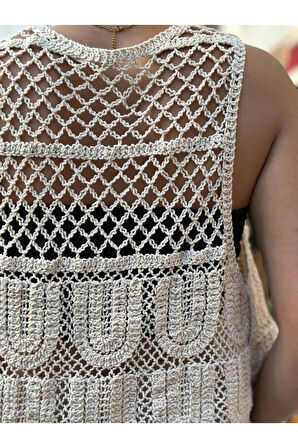 Bej Kadın Kolsuz Örme Yelek