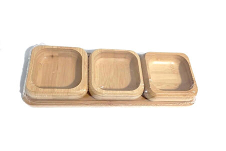 ÇEREZLİK 3 LÜ BAMBU AHŞAP-BAMBOO SNACK BOWL BOYUT: TABAN 29.5 cm x 10.5 cm KASE:9cm x 9cmx3cm