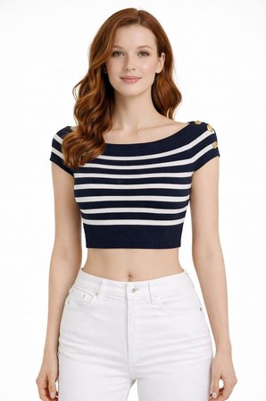 Marin Stil Çizgili Kayık Yaka Triko Kazak Bluz