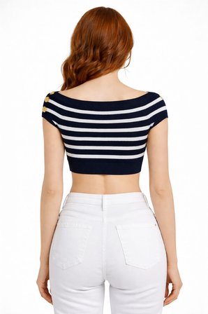 Marin Stil Çizgili Kayık Yaka Triko Kazak Bluz