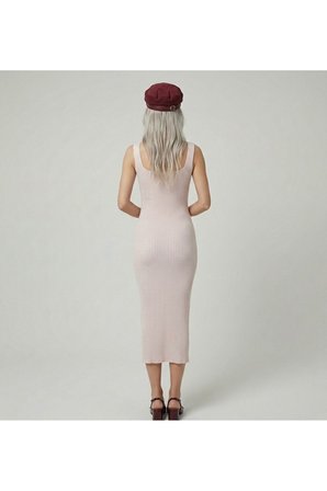 Premium Fit Kare Yaka Fitilli Triko Midi Elbise