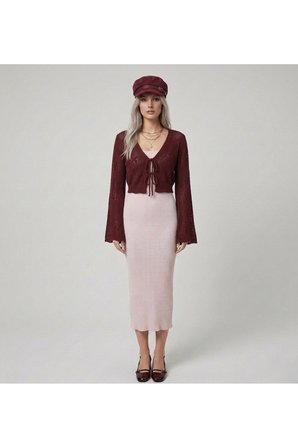 Premium Fit Kare Yaka Fitilli Triko Midi Elbise