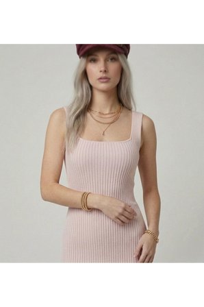 Premium Fit Kare Yaka Fitilli Triko Midi Elbise